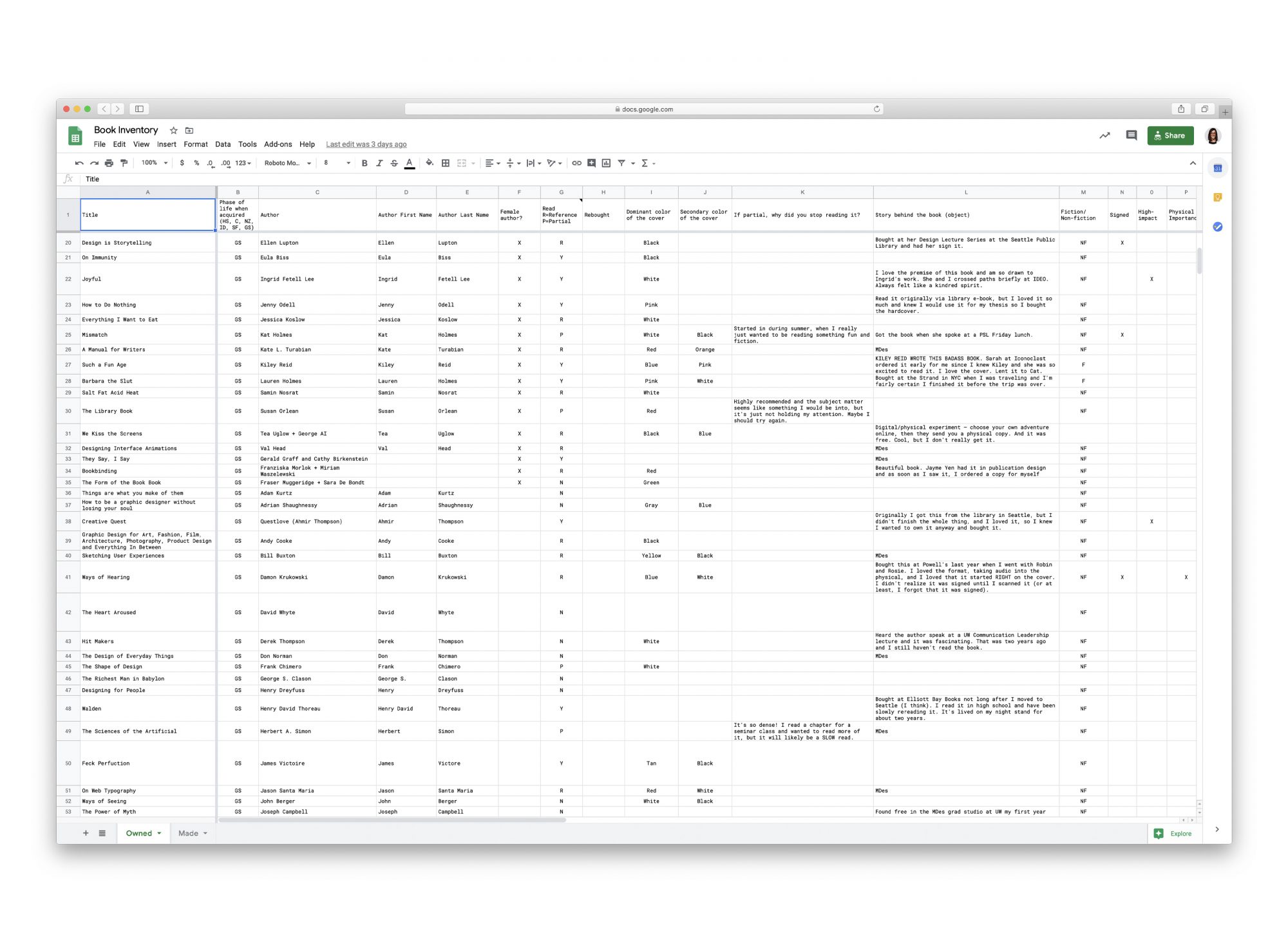 Piper Loyd. Book inventory spreadsheet. 2020.