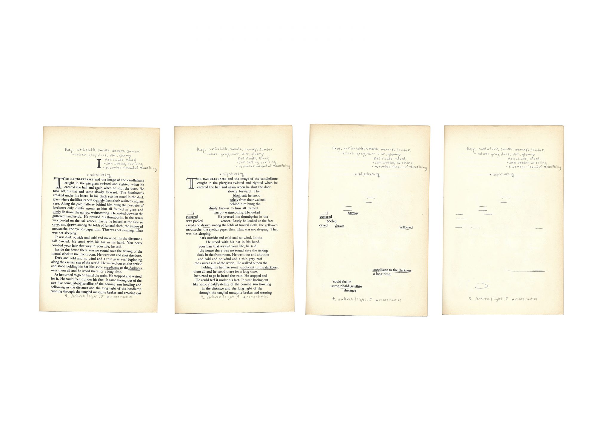 Piper Loyd. Process: examining and editing marked pages of old books.