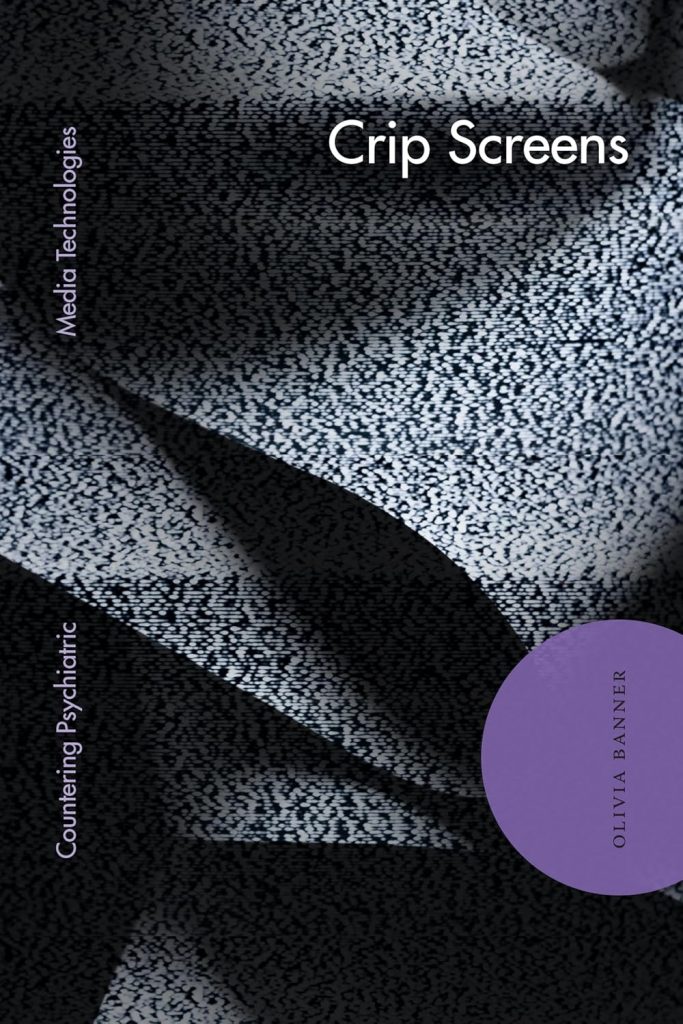 The Crip Screens book cover, which is a black and white abstract image of pixels.