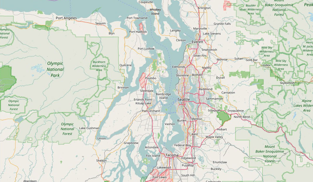 Map of major highways surrounding the Puget Sound