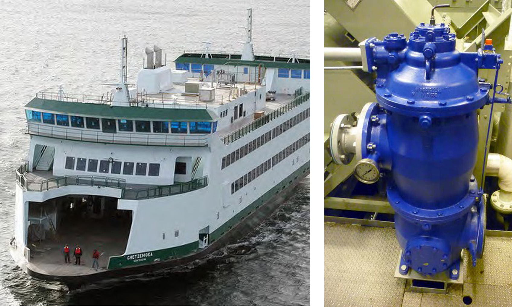 A split screen of a Washington State ferry and part of the engine equipment to which lube oil systems are important