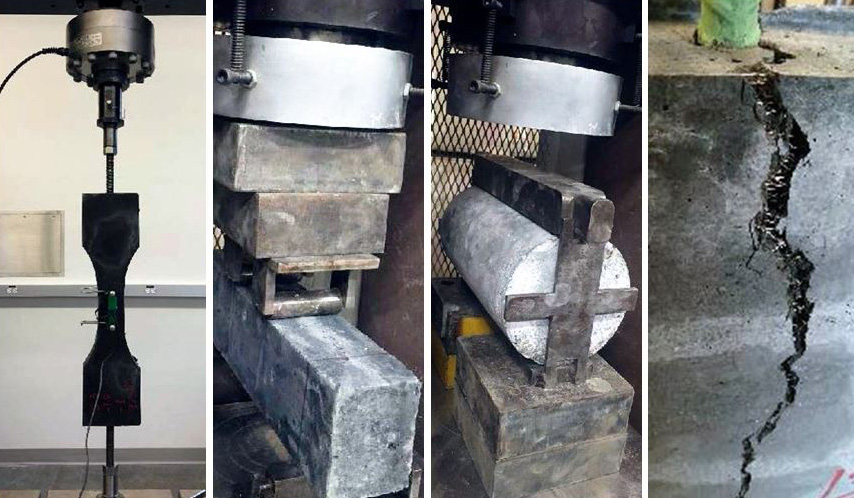 A four-part split screen of tests of ultra-high performance concrete and a resulting cracked concrete block
