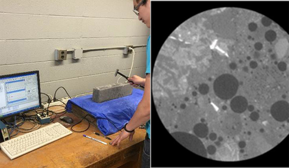 A split-screen of a graduate student testing shotcrete in the laboratory and an x-ray image of shotcrete pore structure
