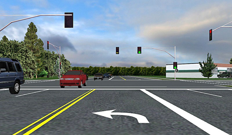 Graphics of a left turn lane at an intersection from the driver's viewpoint