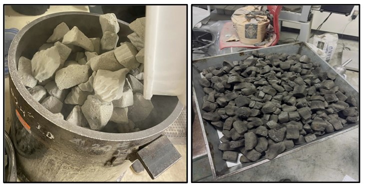 Two pictures of foamed glass aggregate, with that produced by dry foaming on the left and that produced by wet foaming on the right.
