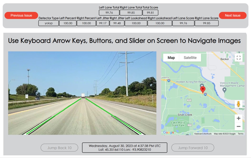 A computer screen shot of the lane marking analysis showing a photo of a roadway and a map pinpointing the location of that roadway.