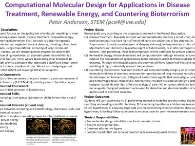 Computational Molecular Design for Applications in Disease Treatment, Renewable Energy, and Countering Bioterrorism