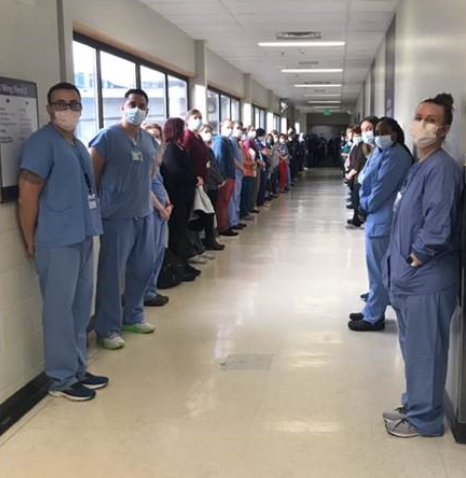 Nurses standing in a corridor for the honor walk.