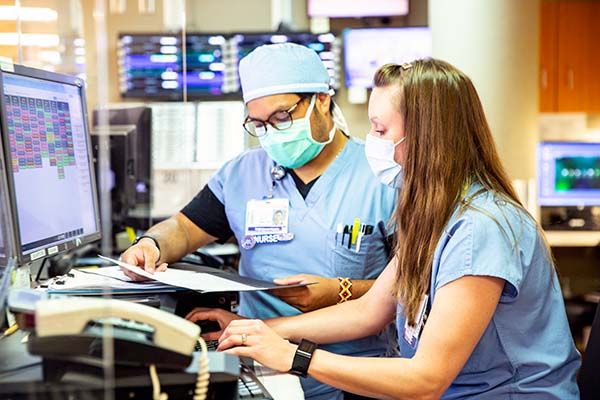 Nurses working at computer screen together.