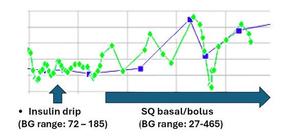 Compares blood glucose readings during two phases of treatment. The first phase, labeled “Insulin drip,” shows relatively stable blood glucose values ranging from approximately 72 to 185 mg/dL. The second phase, labeled “SQ basal/bolus,” shows much wider fluctuations ranging from 27 to 465 mg/dL. During the insulin infusion period, values remain relatively consistent. After transitioning to subcutaneous insulin, the graph shows sharp increases and decreases, including severe hypoglycemia and extreme hyperglycemia.