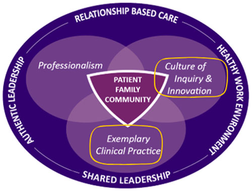 Graphic showing the overlapping relationship of UWMC's work. At the center is a shield titled patient family community. Under that are three overlapping circles labeled Culture of Inquiry and Innovation, Exemplary Clinical Practice, and Professionalism. Around the shield and circles is a border with four labels: Relationship-based care, Healthy Work Environment, Shared Leadership, and Authentic Leadership. There are yellow circles around Culture of Inquiry and Innovation and Exemplary Clinical Practice.