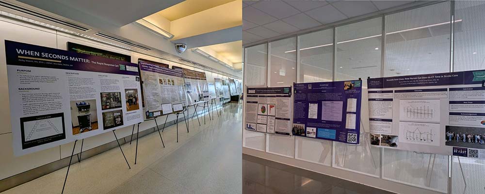 side-by-side shots of hallways at UWMC Montlake and Northwest campuses showing posters.