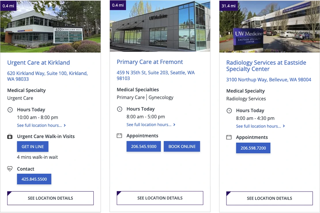 Screenshot of three location cards for Kirkland urgent care, Fremont primary care, and Eastside Specialty Center radiology services showing the headline and several action buttons.