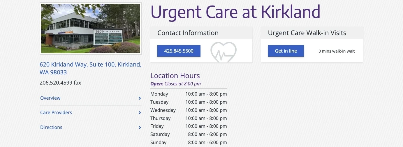 Screenshot of a location page for Kirkland urgent care, showing the headline and several action buttons.