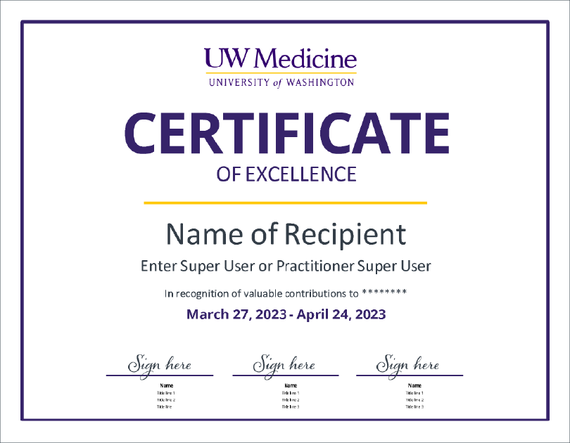 Image of Powerpoint Template for a Certificate of Excellence, with purple and black type on a white background