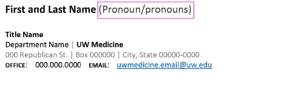 email signature layout without social media icons and with pronouns next to name