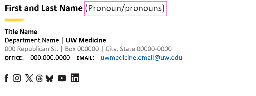 email signature layout with social media icons and pronouns after name