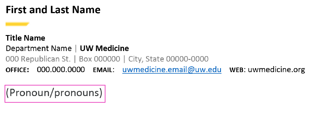 email signature layout with social media icons and pronouns listed last