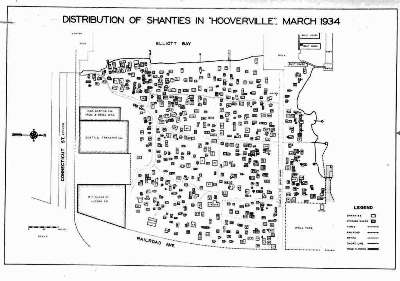 A 1934 map of Hooverville's shanties created by University of Washington graduate student Donald Roy, who used the shantytown as a subject of study for his dissertation. Though Roy was sympathetic to Hooverville's plight, his study also helped solidi