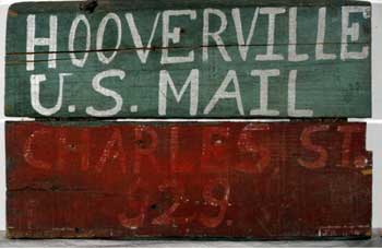 The Post Office sign for Seattle's Hooverville, just one of the self-governing institutions organized by Hooverville residents in an attempt to strucutre their community and incorporate it into Seattle's civic body. Most of the mail sent to Hoovervil