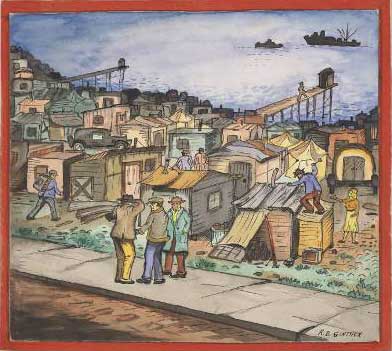 Seattle's Hooverville, as pictured here by watercolor artist Ronald Ginther, was one of the largest in the nation, and was subject to caricaturization, demonization, and misunderstanding by the media and arts. Popular portrayals of Hooverville as exo